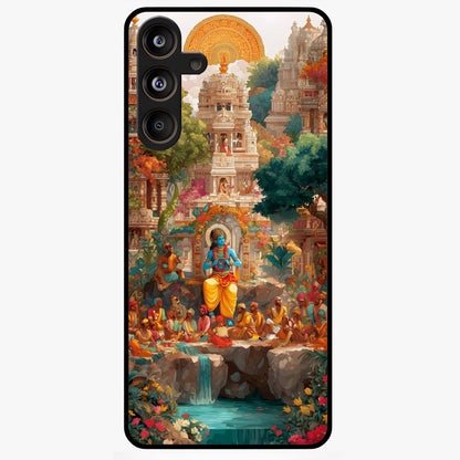 Sacred Sunlight Gods Glass Case showing flat back view with divine sunlight themed artwork and glossy glass finish.