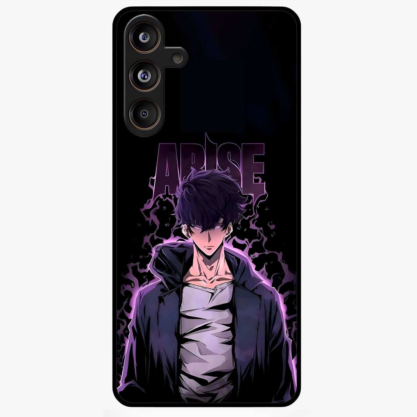Shadow Monarch Awakening Glass Case showing flat back view with powerful dark monarch themed artwork and glossy glass finish.