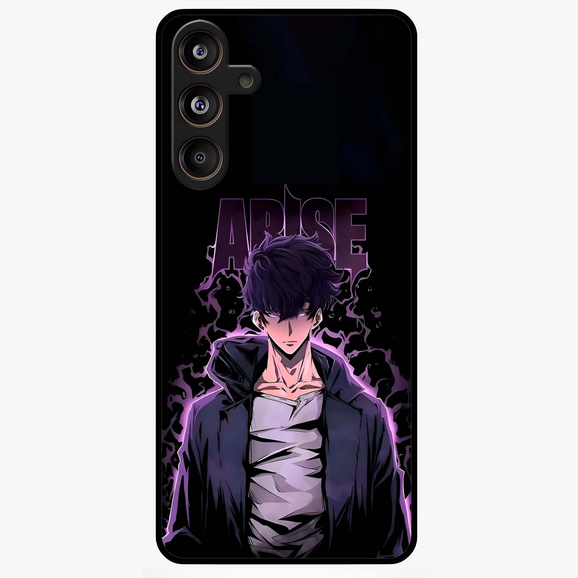 Shadow Monarch Awakening Glass Case showing flat back view with powerful dark monarch themed artwork and glossy glass finish.