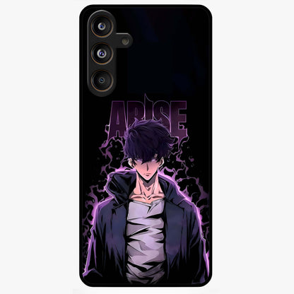 Shadow Monarch Awakening Glass Case showing flat back view with powerful dark monarch themed artwork and glossy glass finish.