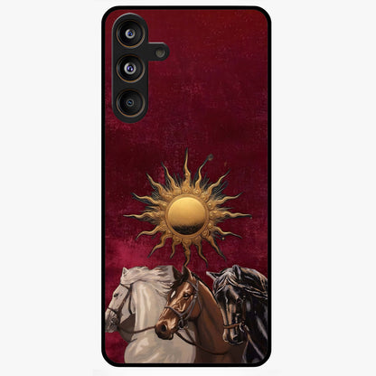 Solar Riders Glass Case showing flat back view with dynamic rider themed artwork and glossy glass finish.