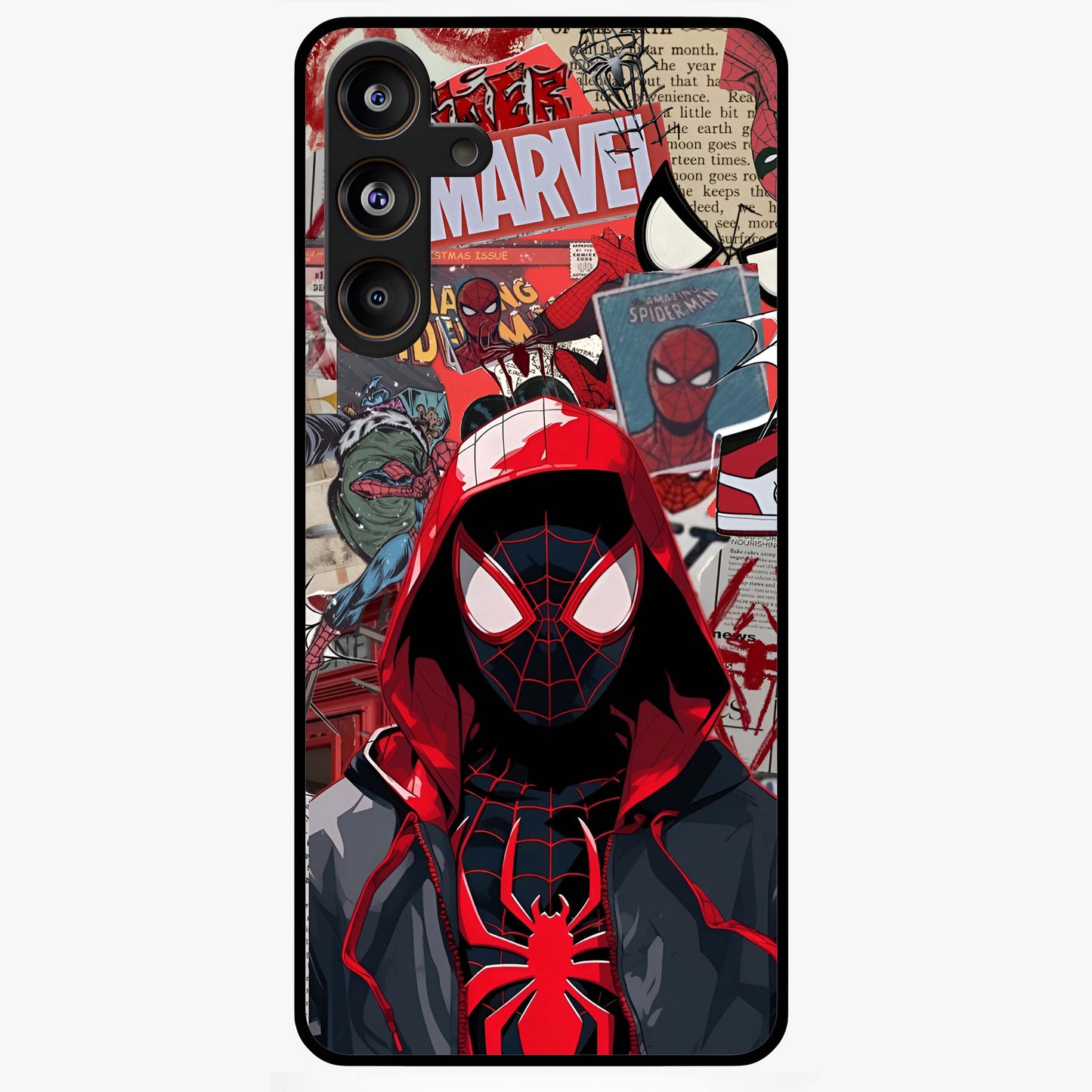 Spider Collage Street Glass Case showing flat back view with vibrant superhero collage artwork and glossy glass finish.