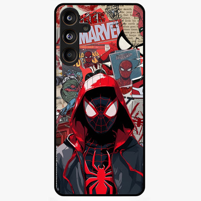 Spider Collage Street Glass Case showing flat back view with vibrant superhero collage artwork and glossy glass finish.