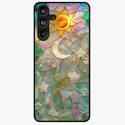 Stained Sunrise Glow Glass Case showing flat back view with glowing sunrise stained pattern artwork and glossy glass finish.