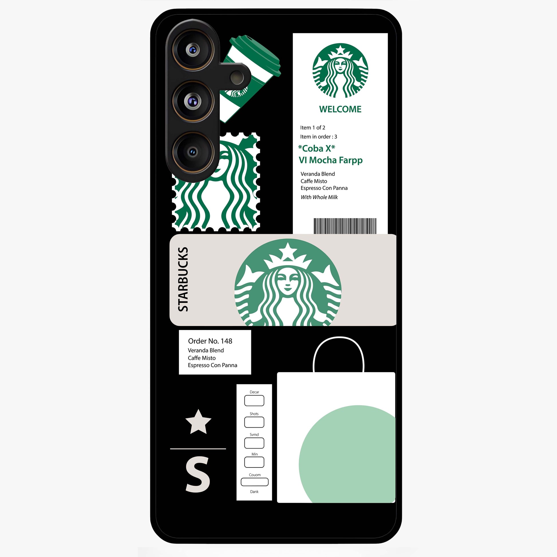 Starbucks Mocha Glass Case showing flat back view with coffee inspired artwork and glossy glass finish.