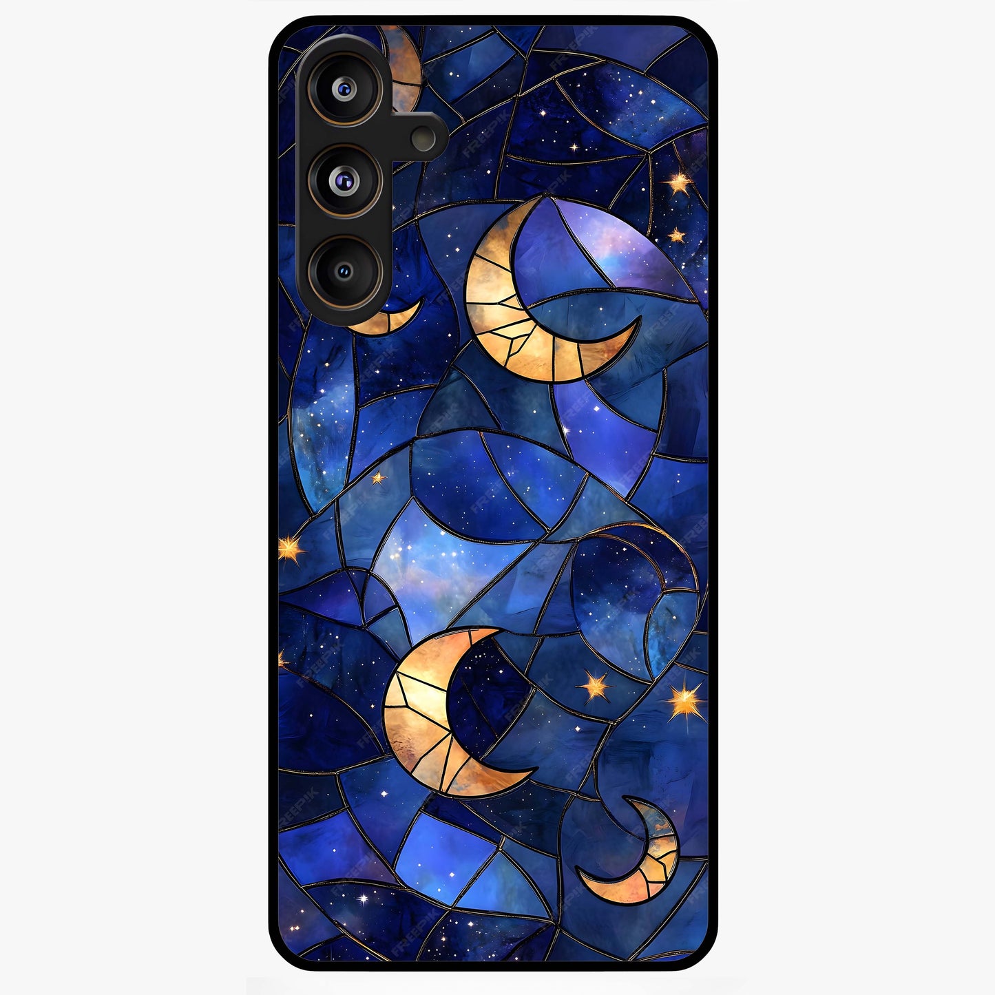 Starlit Sky Tapestry Glass Case showing flat back view with decorative starry sky tapestry artwork and glossy glass finish.