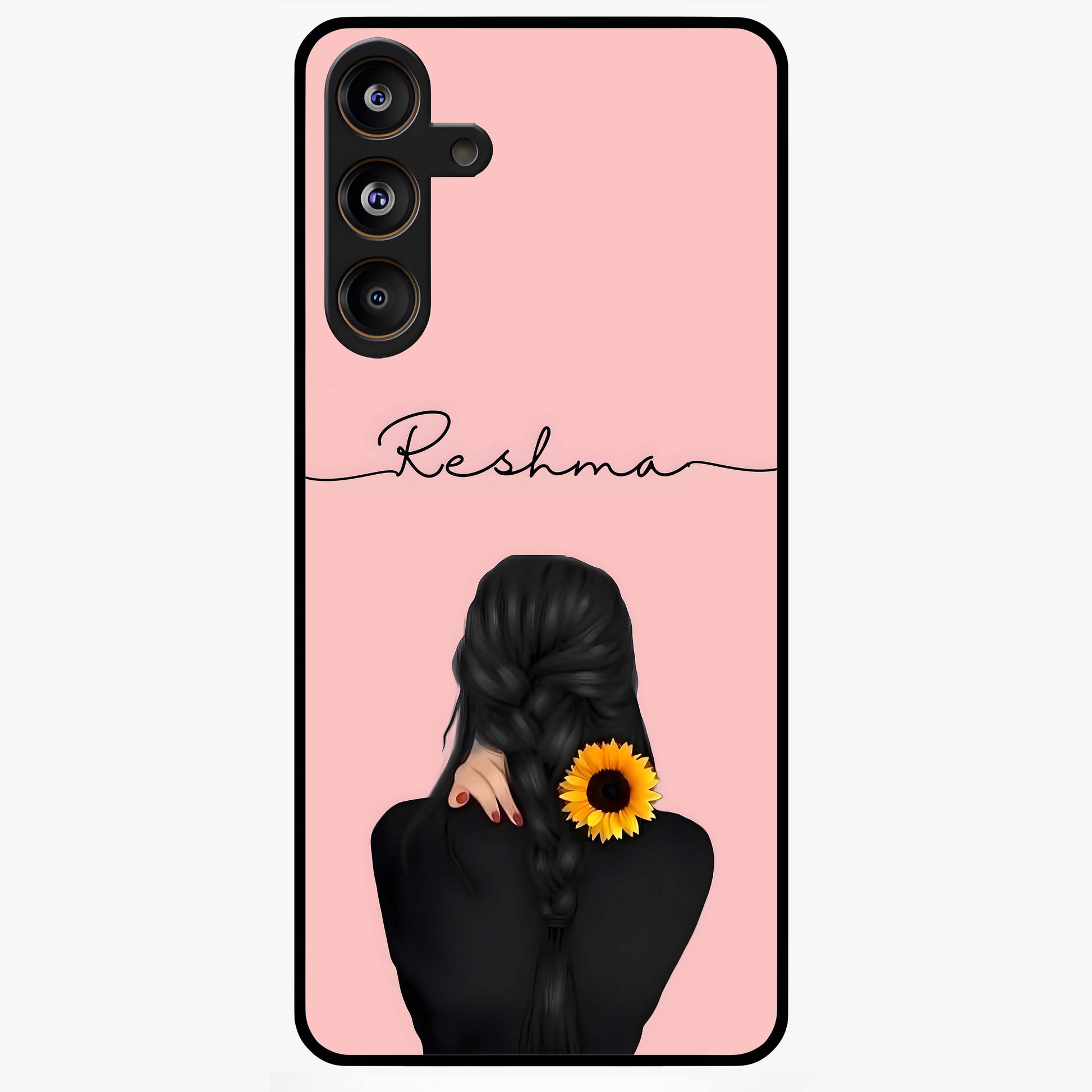 Sunflower Braid Beauty With Custom Name Glass Case showing flat back view with sunflower braid artwork and personalized name design.
