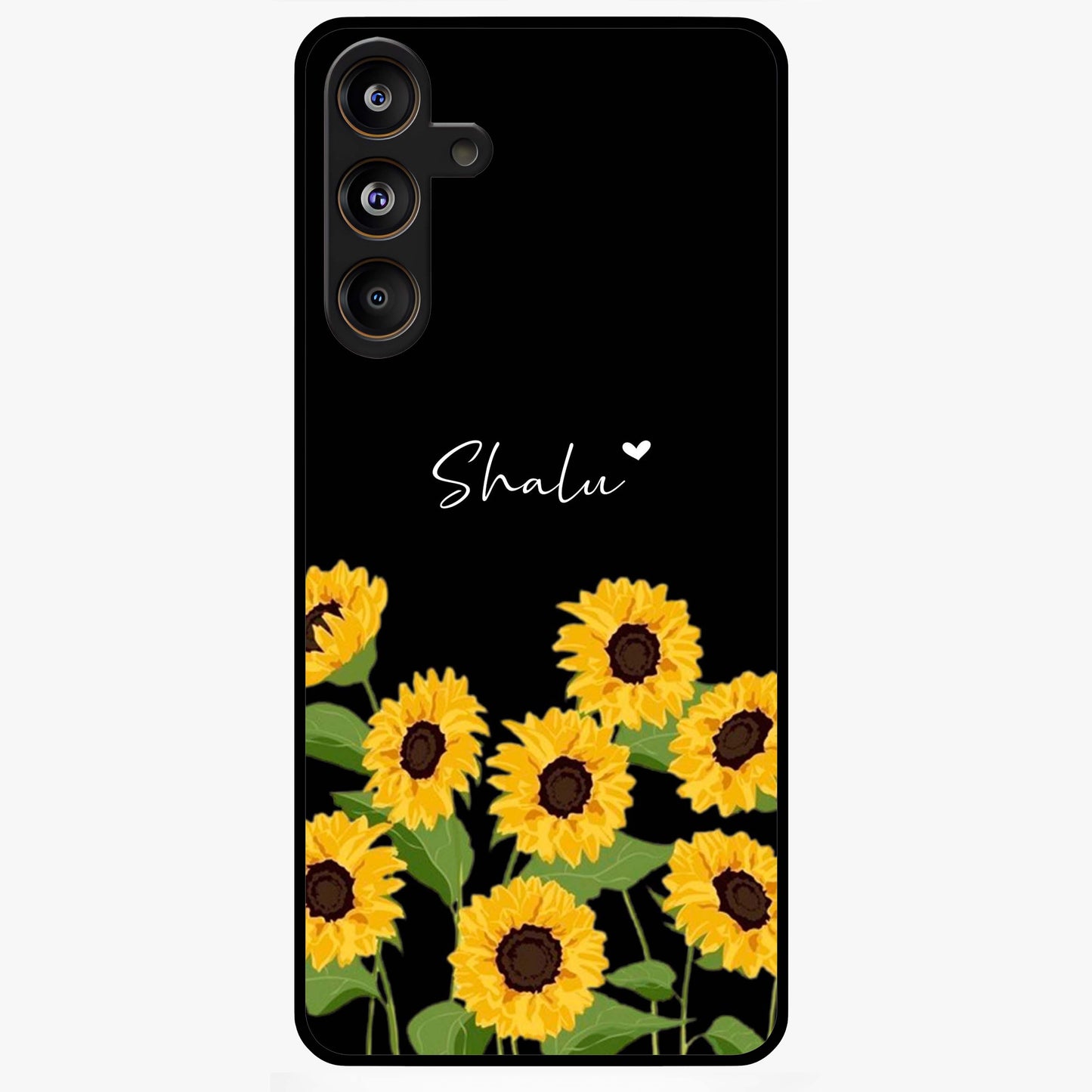 Sunflower Chic Mood Custom Name Glass Case showing flat back view with stylish sunflower artwork and personalized name design.