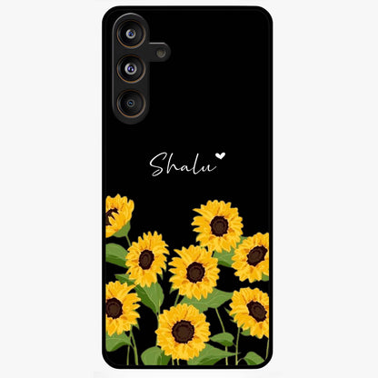 Sunflower Chic Mood Custom Name Glass Case showing flat back view with stylish sunflower artwork and personalized name design.