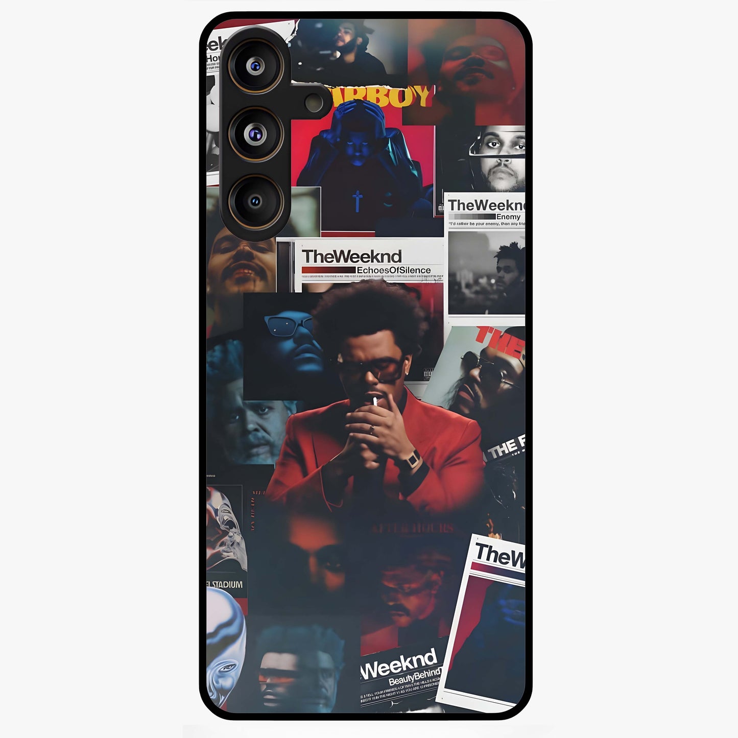 The Weeknd Glass Case showing flat back view with music inspired artistic portrait artwork and glossy glass finish.
