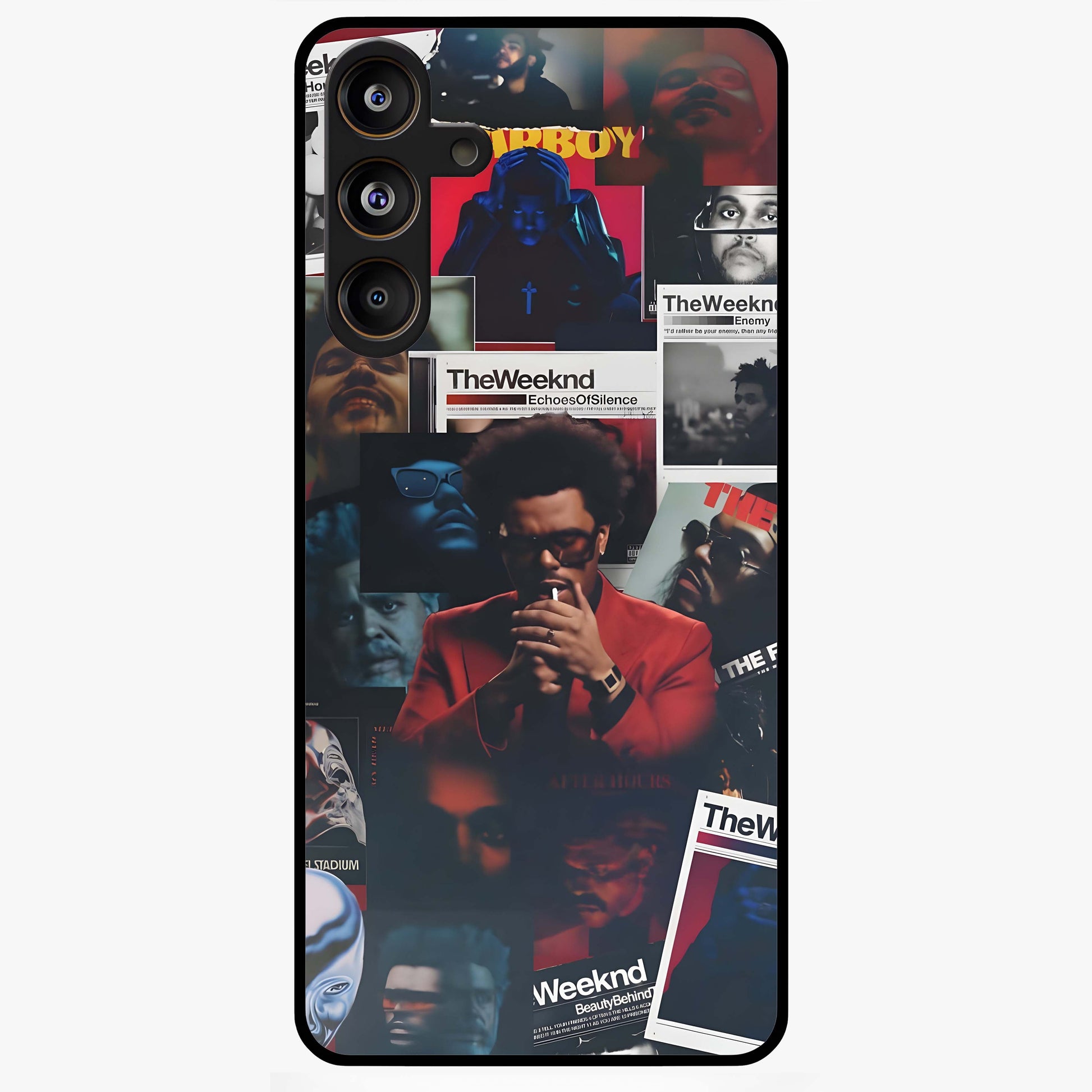 The Weeknd Glass Case showing flat back view with music inspired artistic portrait artwork and glossy glass finish.