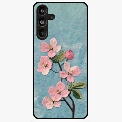 Threaded Blossom Breeze Glass Case showing flat back view with delicate blossom artwork and glossy glass finish.