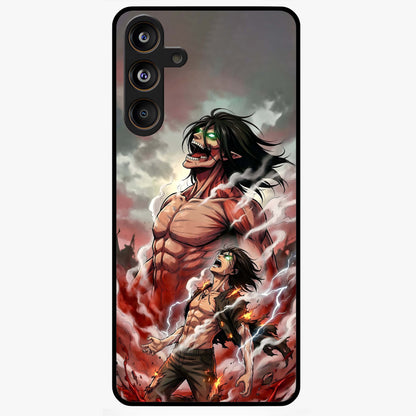 Titan Awakening Fury Glass Case showing flat back view with powerful titan inspired artwork and glossy glass finish.