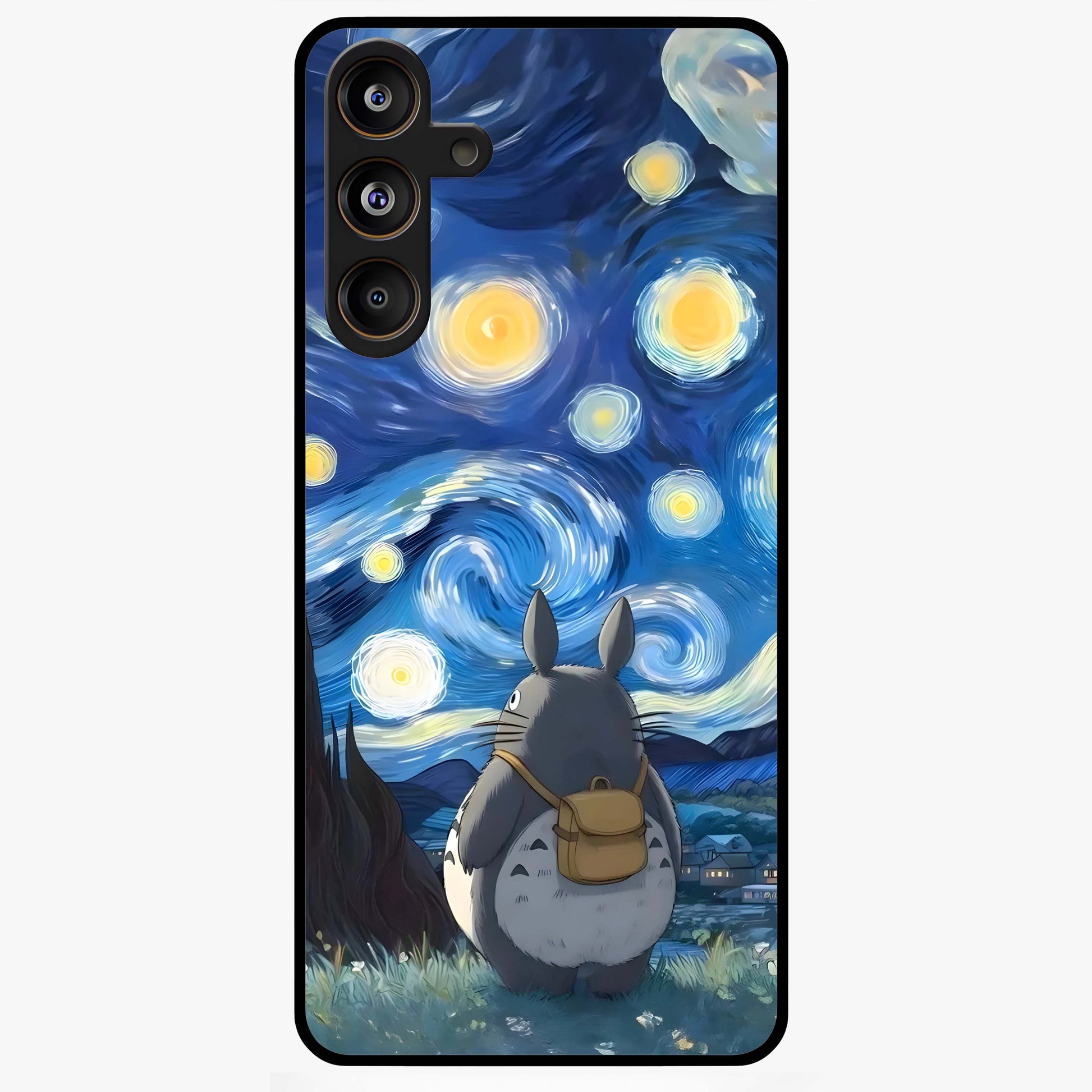 Totoro In Van Gogh Art Glass Case showing flat back view with whimsical character artwork inspired by Van Gogh style and glossy glass finish.