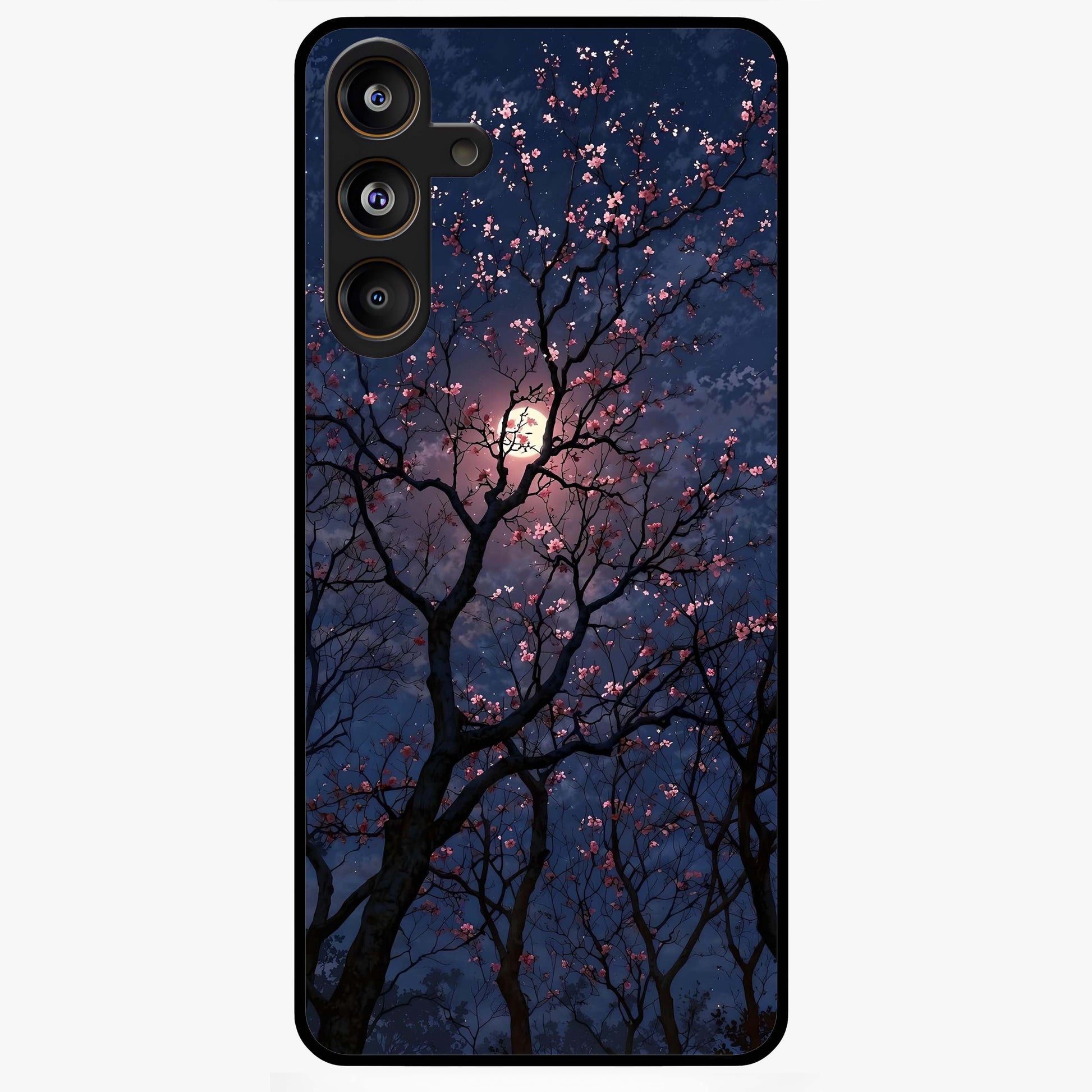 Twilight Sakura Serenade Glass Case showing flat back view with cherry blossom artwork at twilight and glossy glass finish.