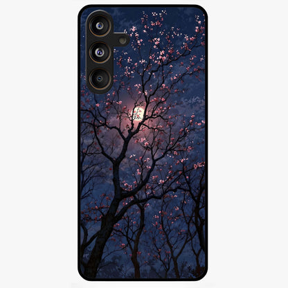 Twilight Sakura Serenade Glass Case showing flat back view with cherry blossom artwork at twilight and glossy glass finish.