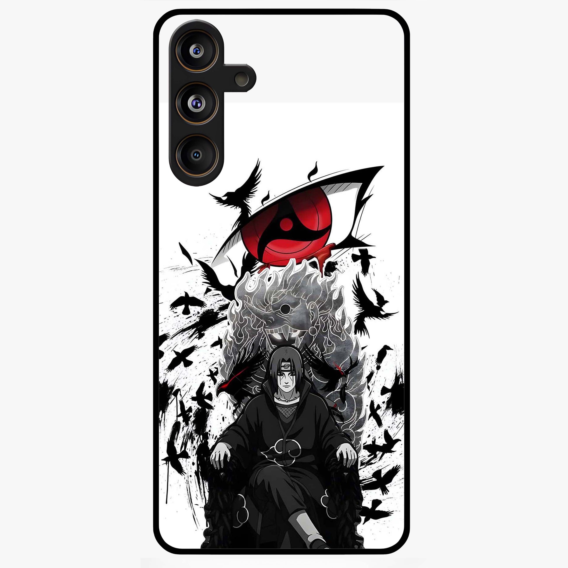 Uchiha Shadow Throne Glass Case showing flat back view with cosmic underwater themed artwork and glossy glass finish.