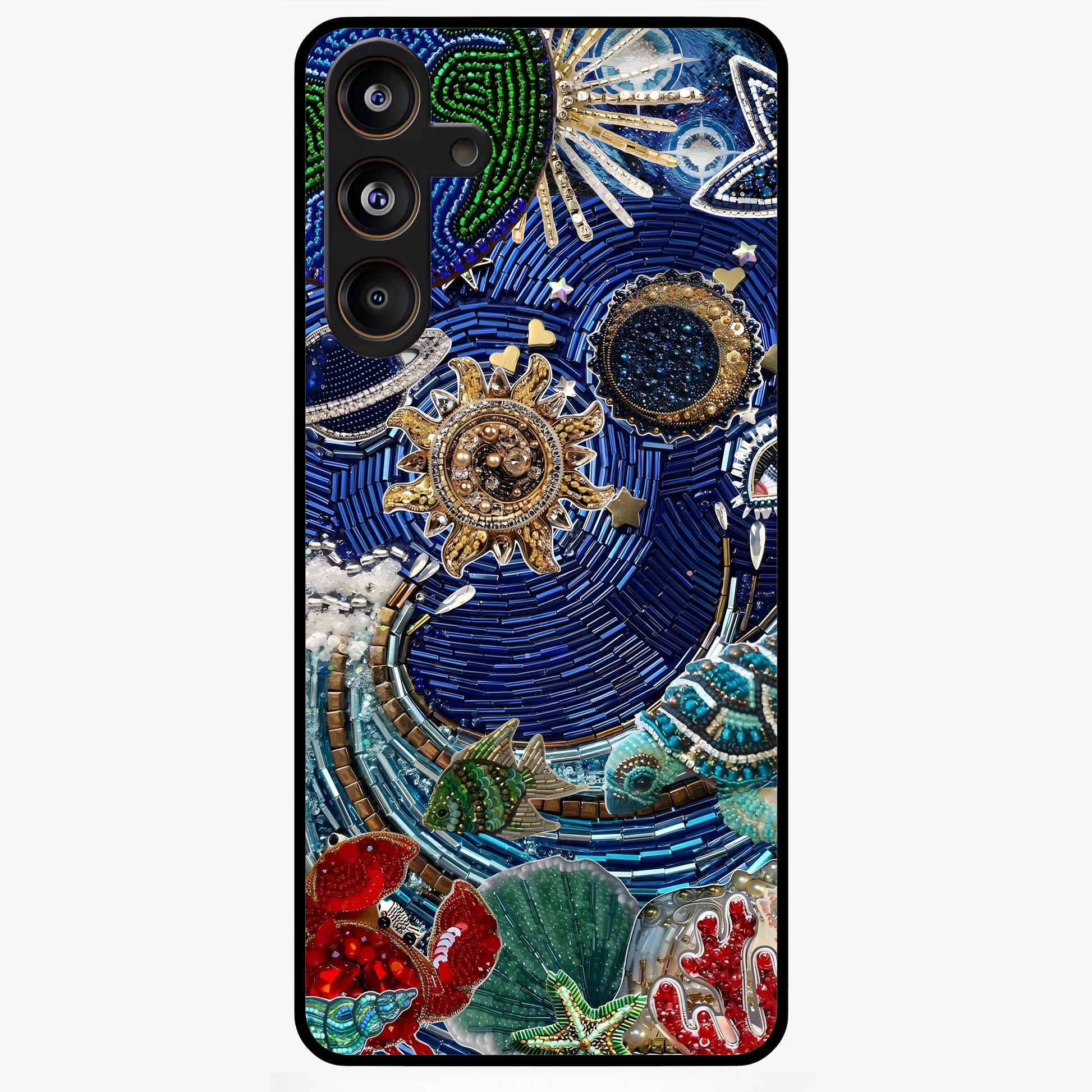 Universe Underwater Spark Glass Case showing flat back view with cosmic underwater themed artwork and glossy glass finish.