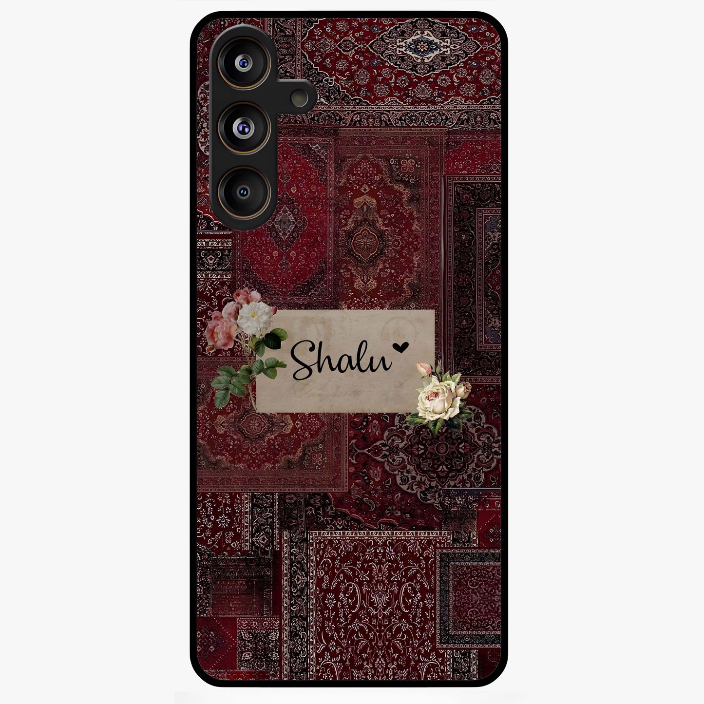 Velvet Wine Pattern Custom Name Glass Case showing flat back view with elegant wine colored pattern artwork and personalized name design.