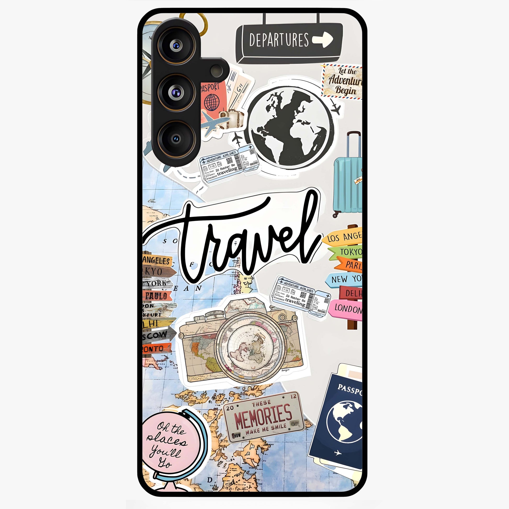 Wanderlust Journal Glass Case showing flat back view with travel inspired artwork and glossy glass finish.