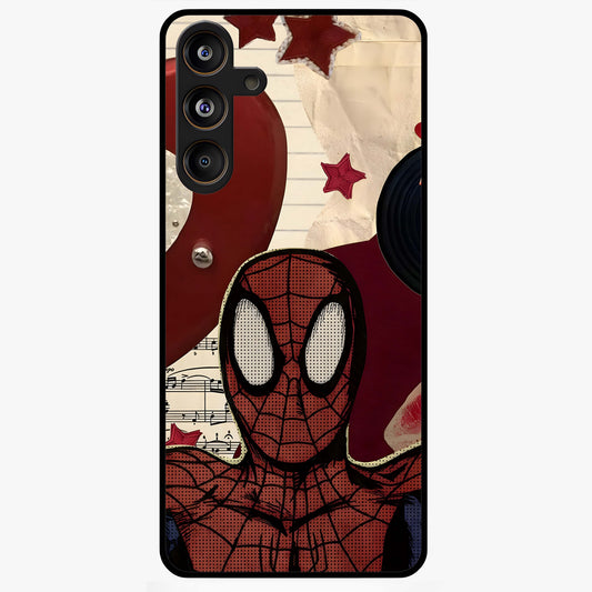 Web Warrior Vibes Glass Case showing flat back view with superhero inspired web themed artwork and glossy glass finish.