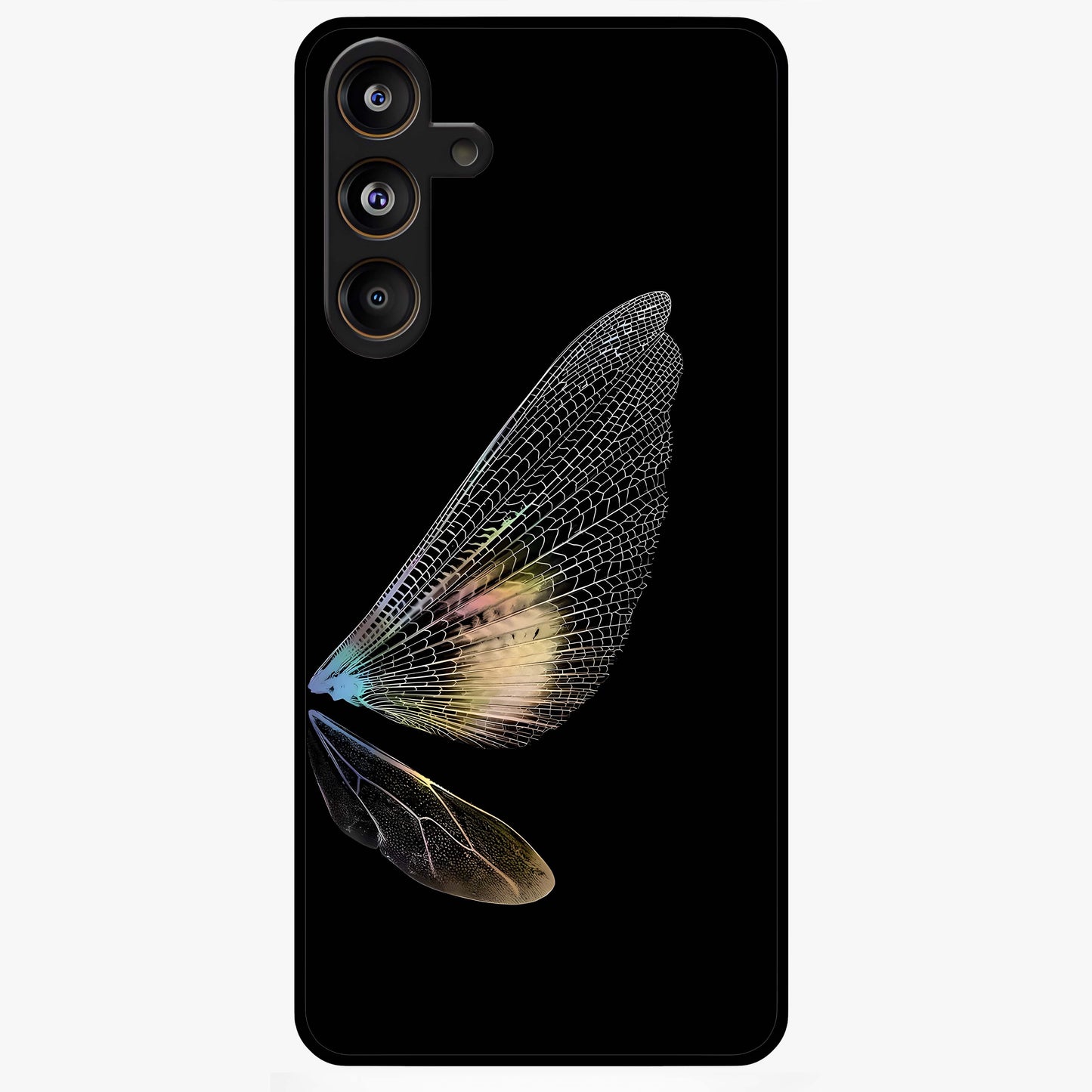 Whispers Of Wings Glass Case showing flat back view with graceful wing inspired artwork and glossy glass finish.