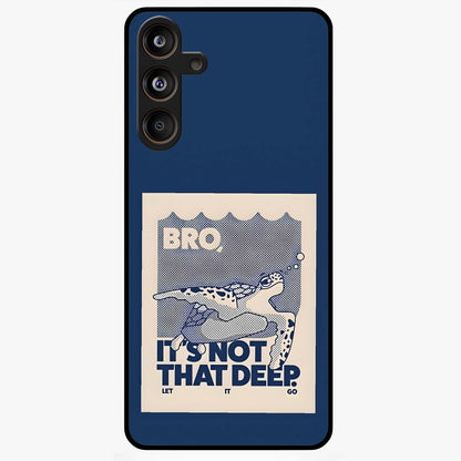 Worry Less Swim Glass Case showing flat back view with playful motivational artwork and glossy glass finish.