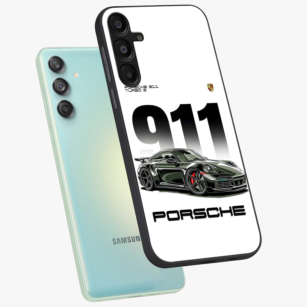 911 Turbo Dominance Glass Case displayed in premium angled mockup highlighting sporty car illustration and sleek glass surface.