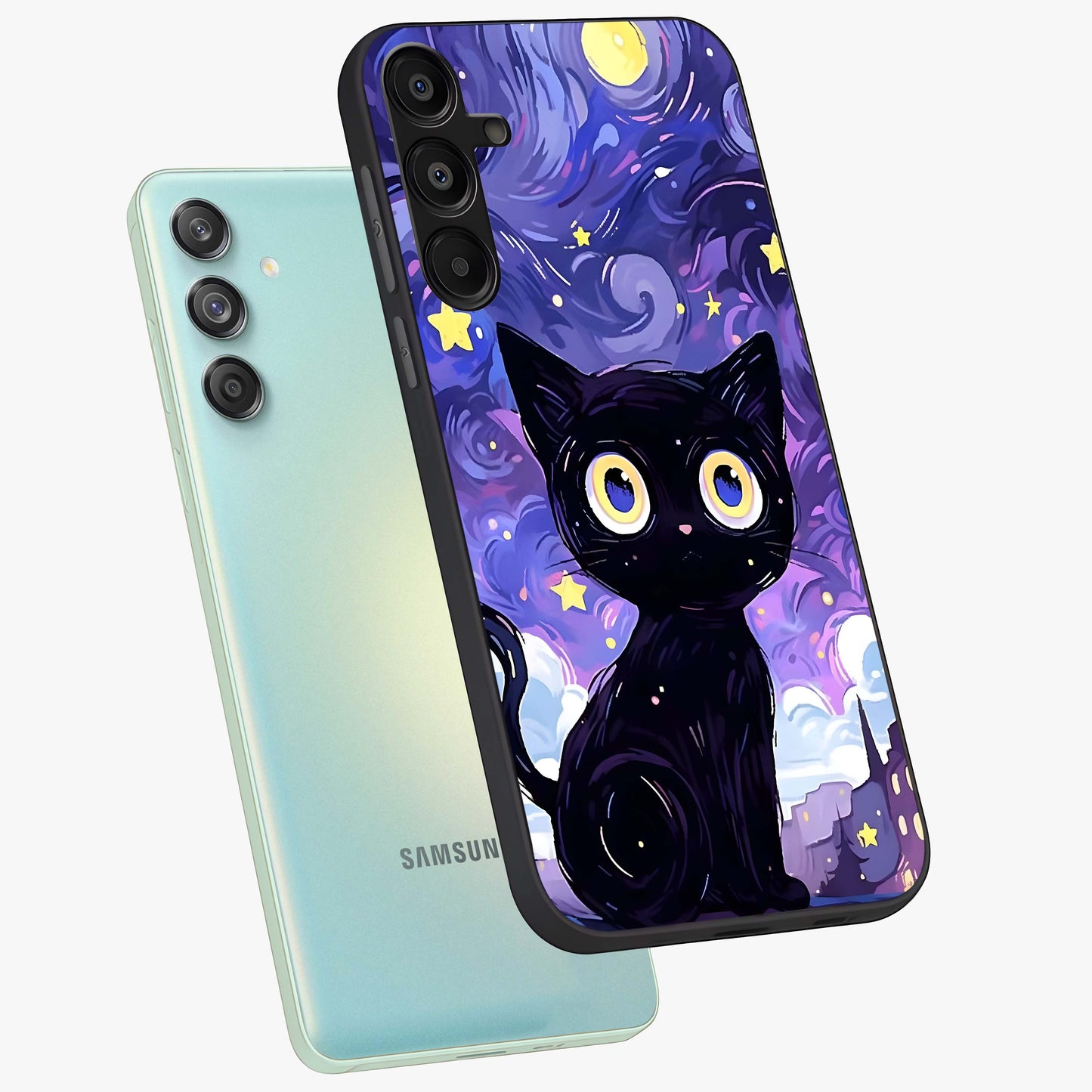 Abstract Cat Art Glass Case displayed in angled mockup highlighting modern abstract cat artwork and sleek glass surface.