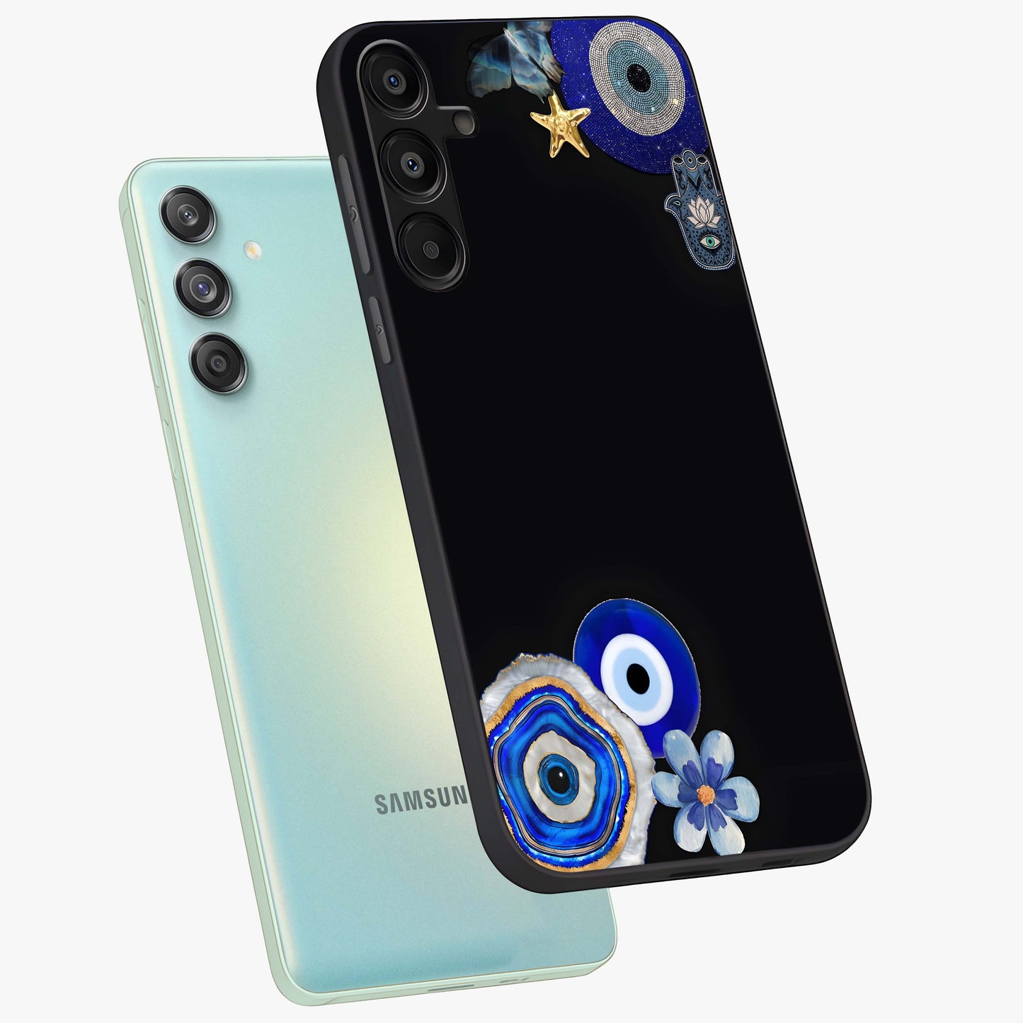Aesthetic Blue Evil Eye Glass Case displayed in angled mockup highlighting blue evil eye symbol and spiritual aesthetic design.