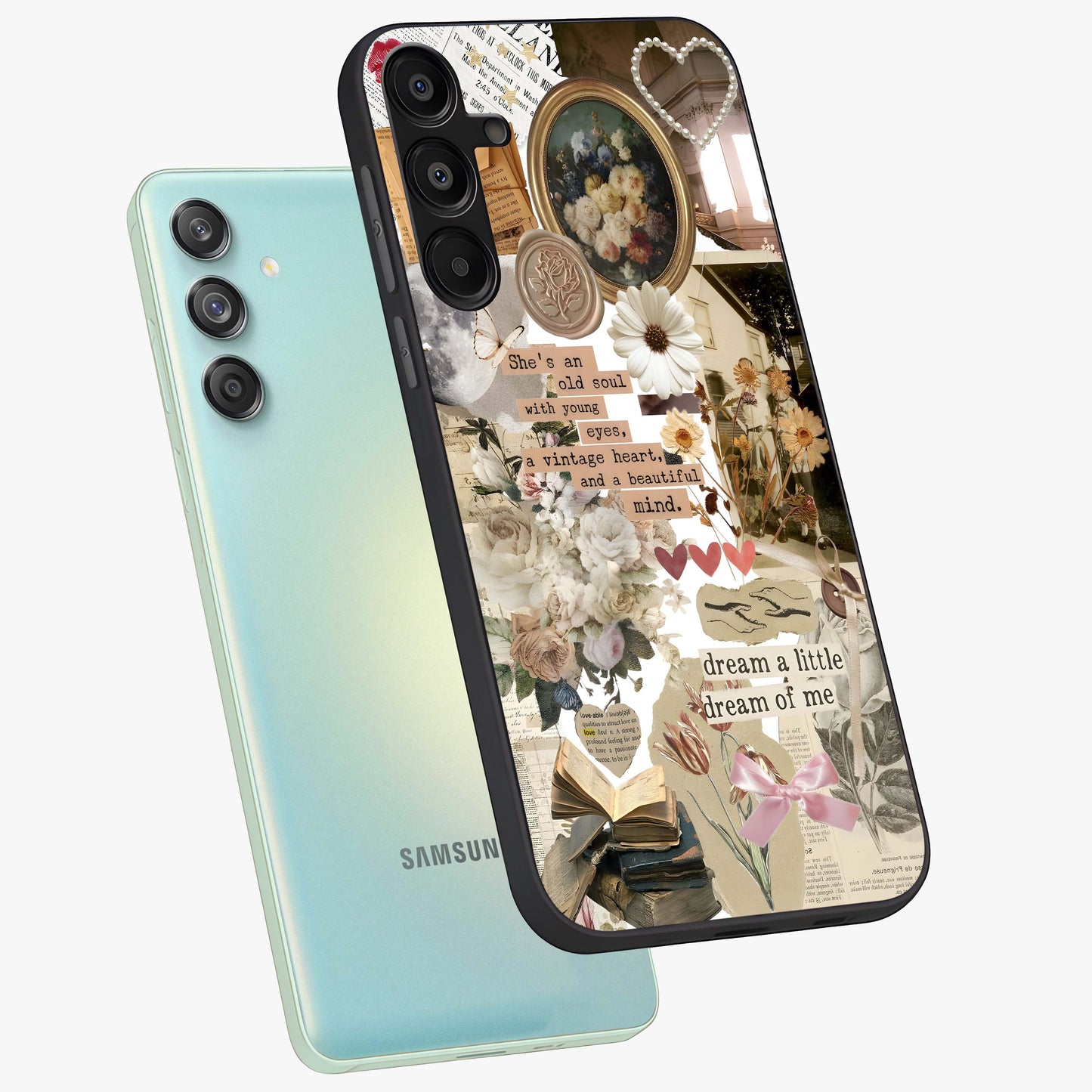 Aesthetic Brown Vintage Collage Glass Case displayed in angled mockup highlighting vintage aesthetic collage design.