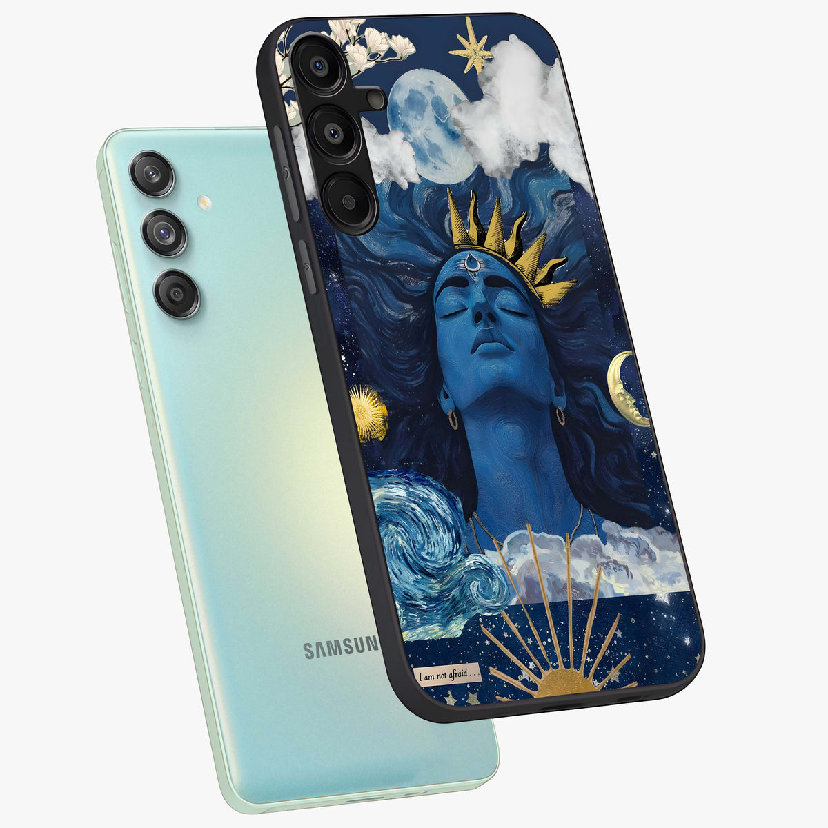 Aesthetic Lord Shiva Glass Case displayed in angled mockup highlighting spiritual Shiva illustration and sacred aesthetic design.