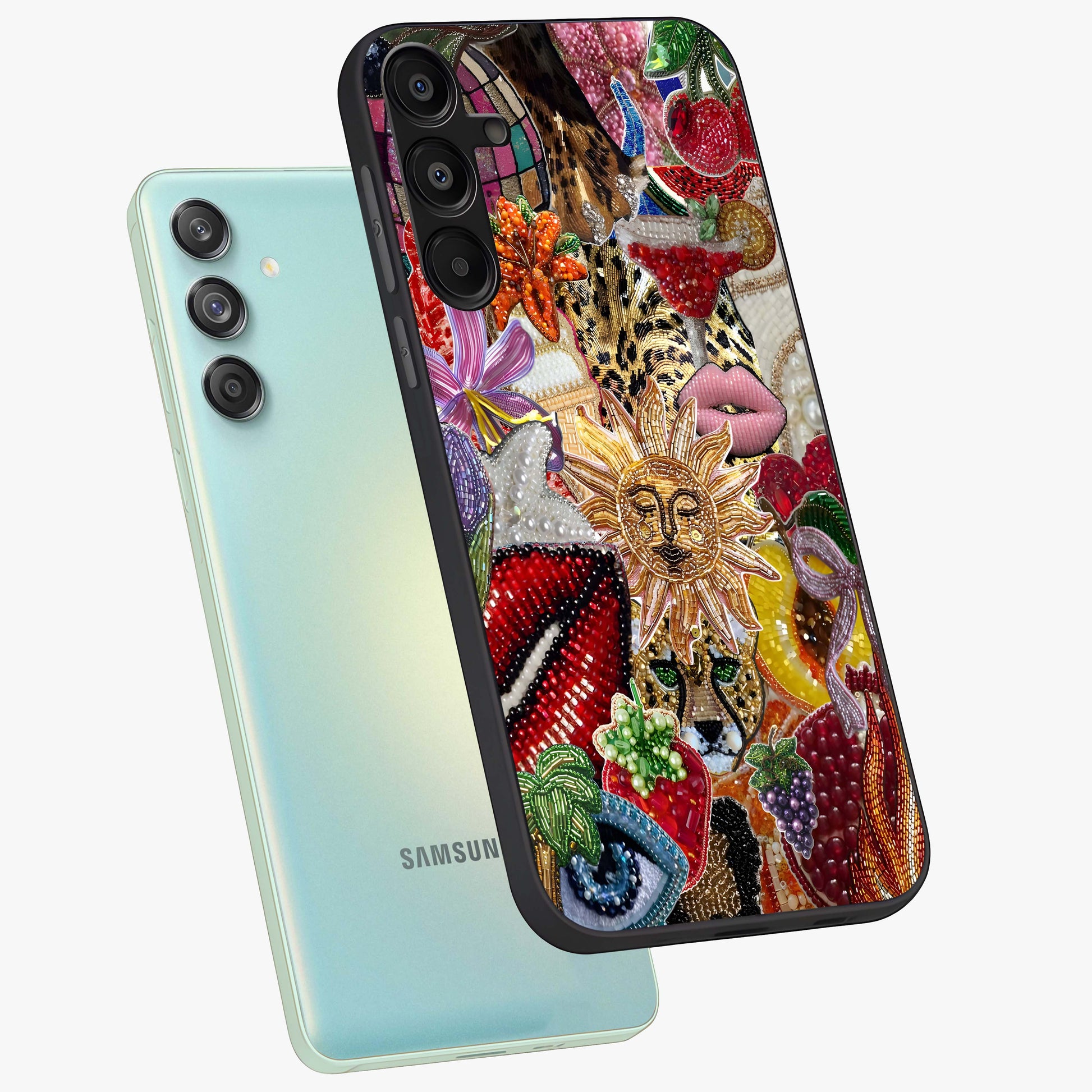 Beaded Fashion Jungle Glass Case displayed in angled mockup highlighting colorful fashion bead design and artistic pattern.