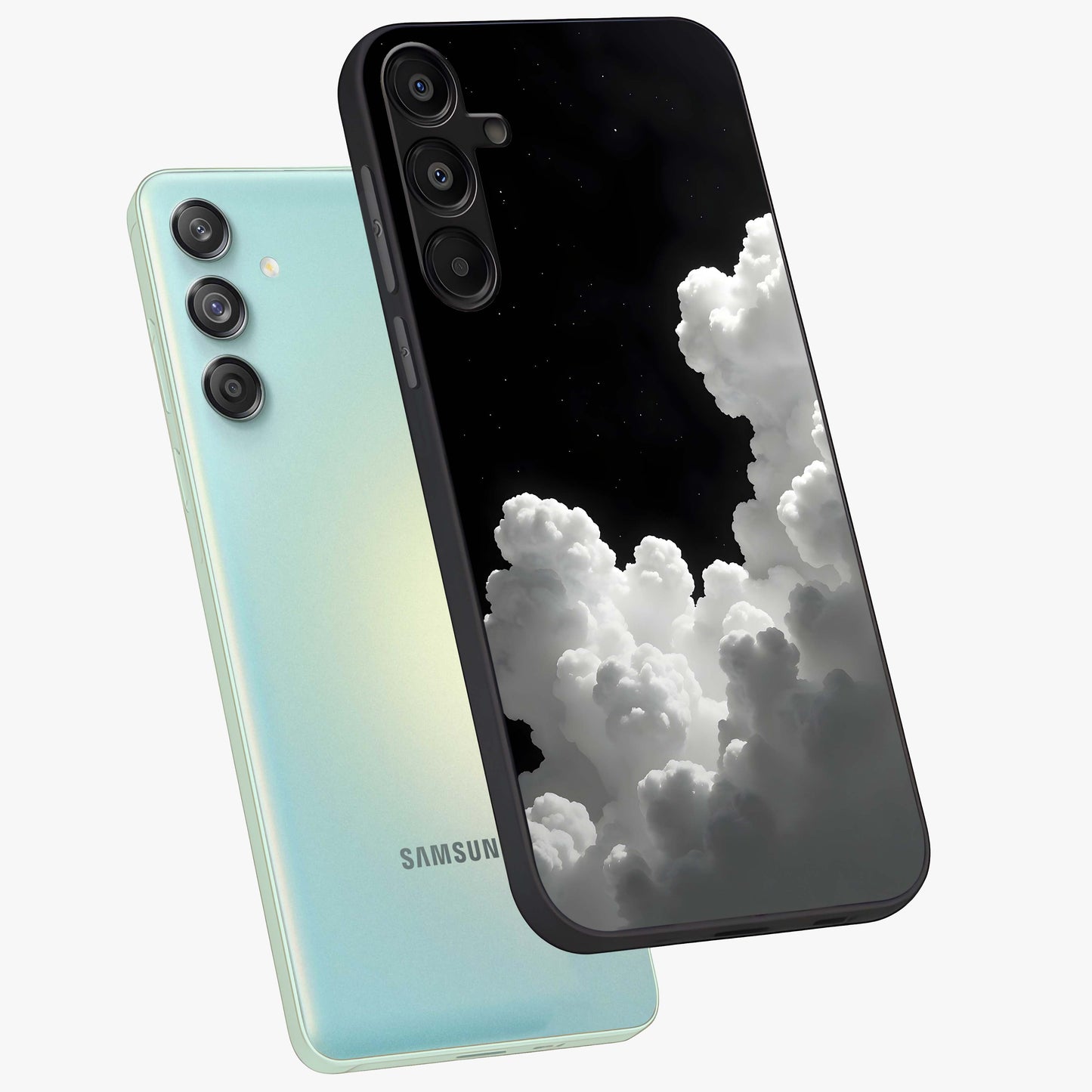 Black Background With White Cloud Glass Case displayed in angled mockup highlighting soft white cloud illustration and minimal design.