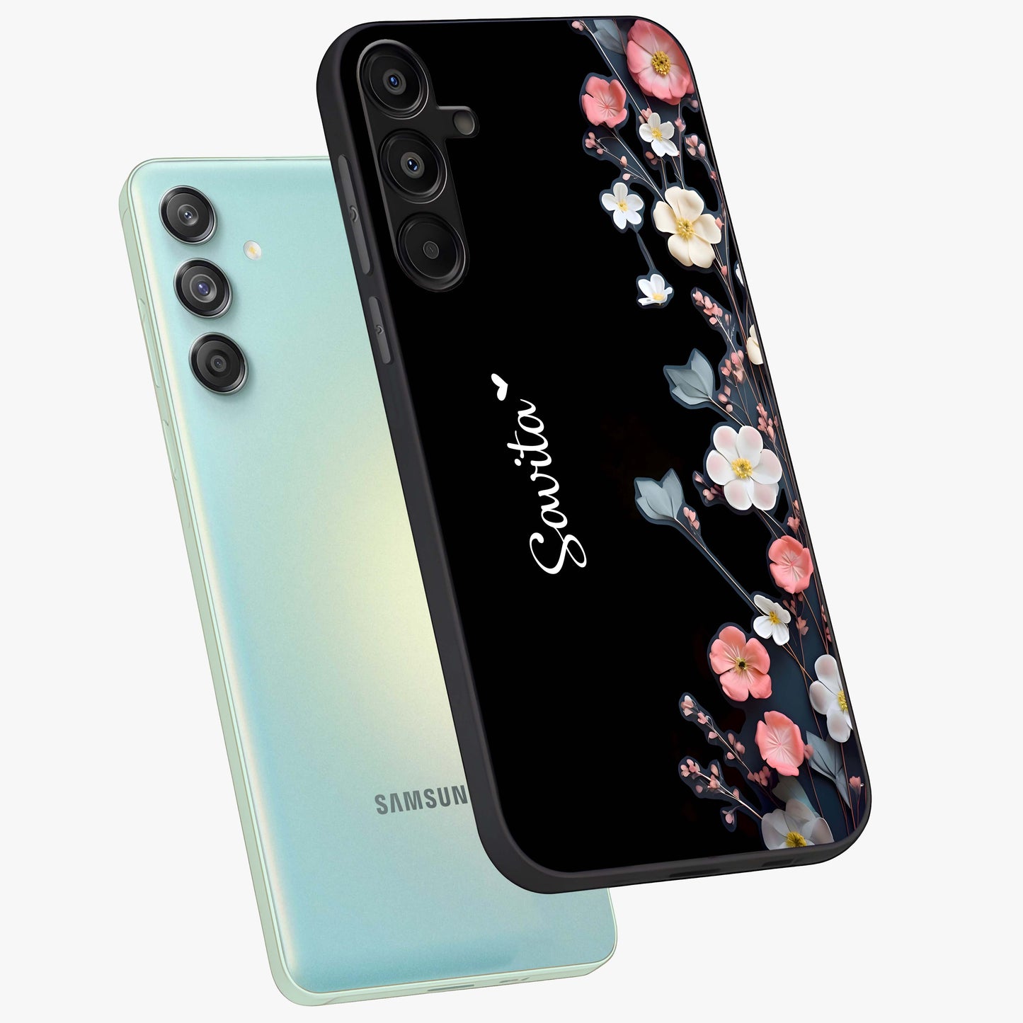 Black Elegance Floral Custom Name Glass Case displayed in angled mockup highlighting dark floral aesthetic and custom name feature.