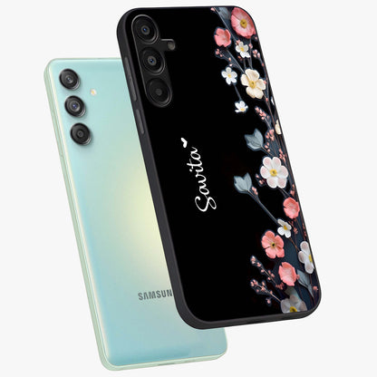 Black Elegance Floral Custom Name Glass Case displayed in angled mockup highlighting dark floral aesthetic and custom name feature.