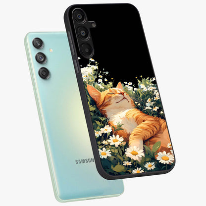 Blissful Bloom Cat Glass Case displayed in angled mockup highlighting playful feline illustration with soft floral aesthetic.