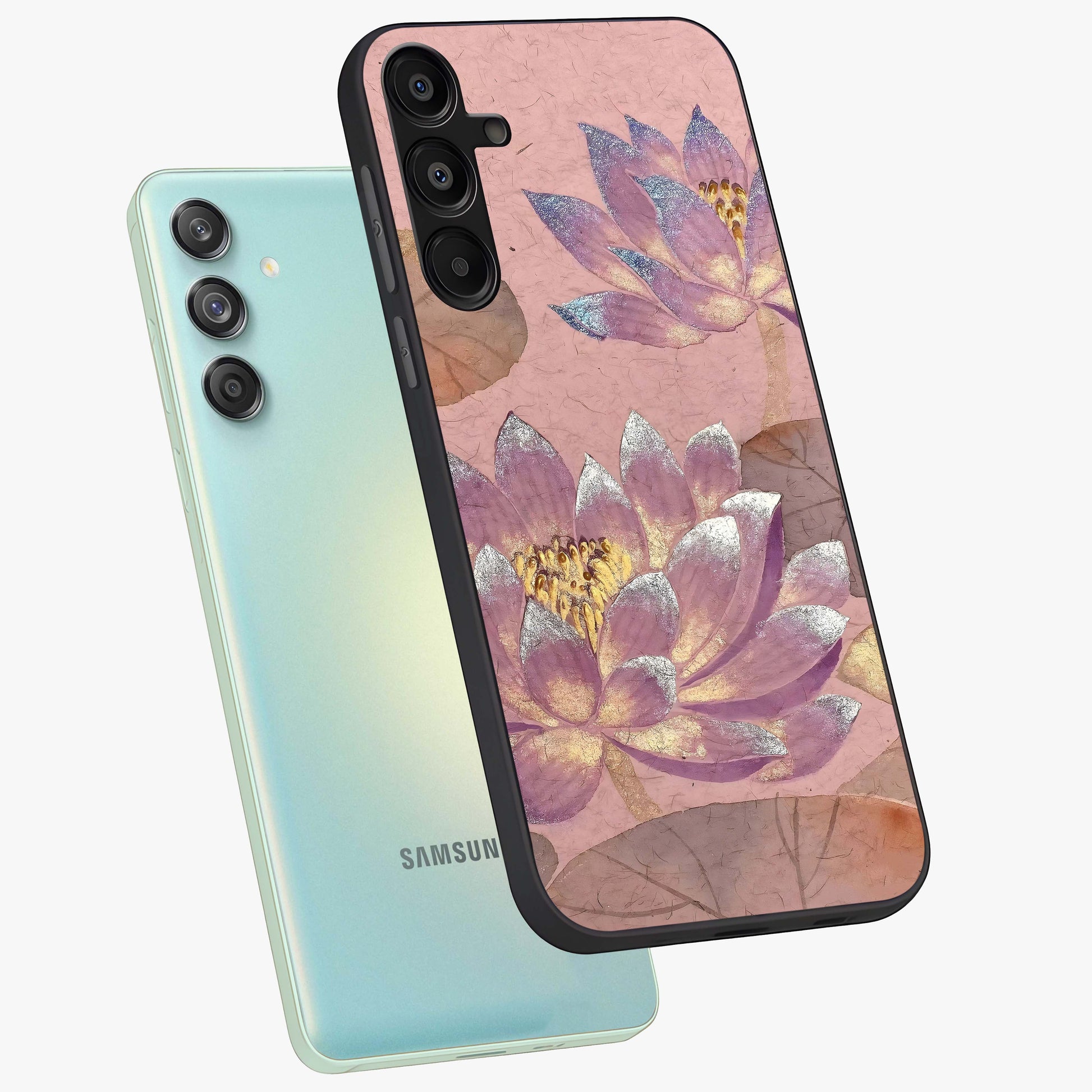 Blossom Mist Lotus Glass Case displayed in angled mockup highlighting delicate lotus illustration with calm aesthetic theme.
