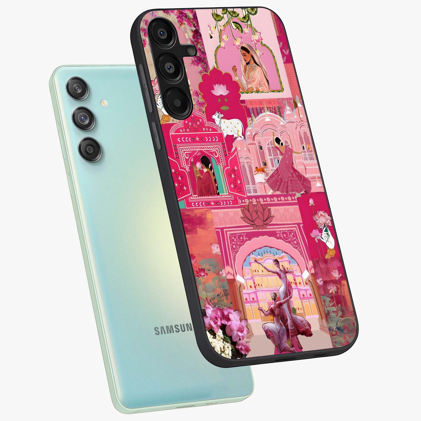 Blossoms of Rajasthan Glass Case displayed in angled mockup highlighting vibrant floral pattern with cultural aesthetic style.