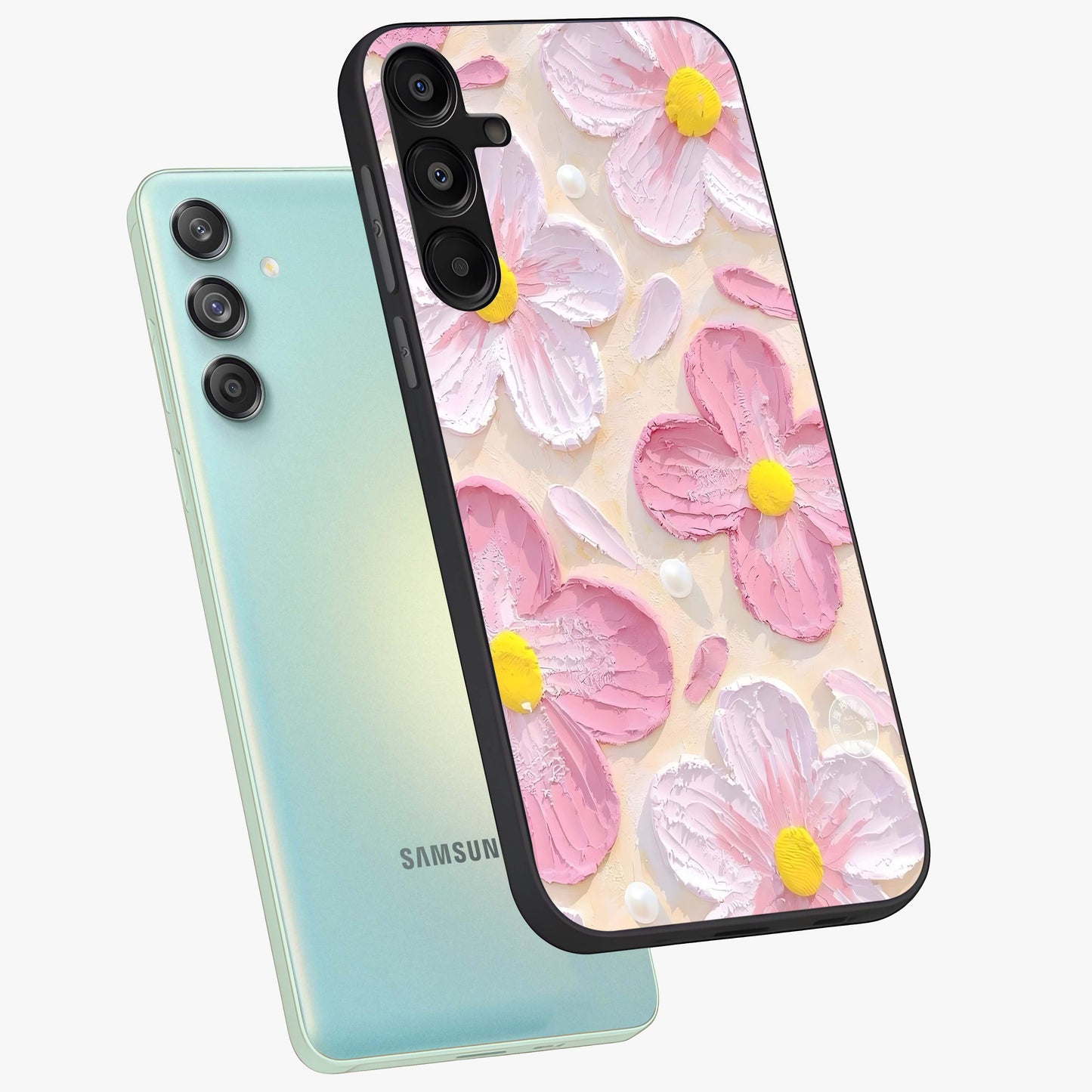 Blush Bloom Texture Glass Case displayed in angled mockup highlighting subtle bloom pattern with aesthetic pastel design.