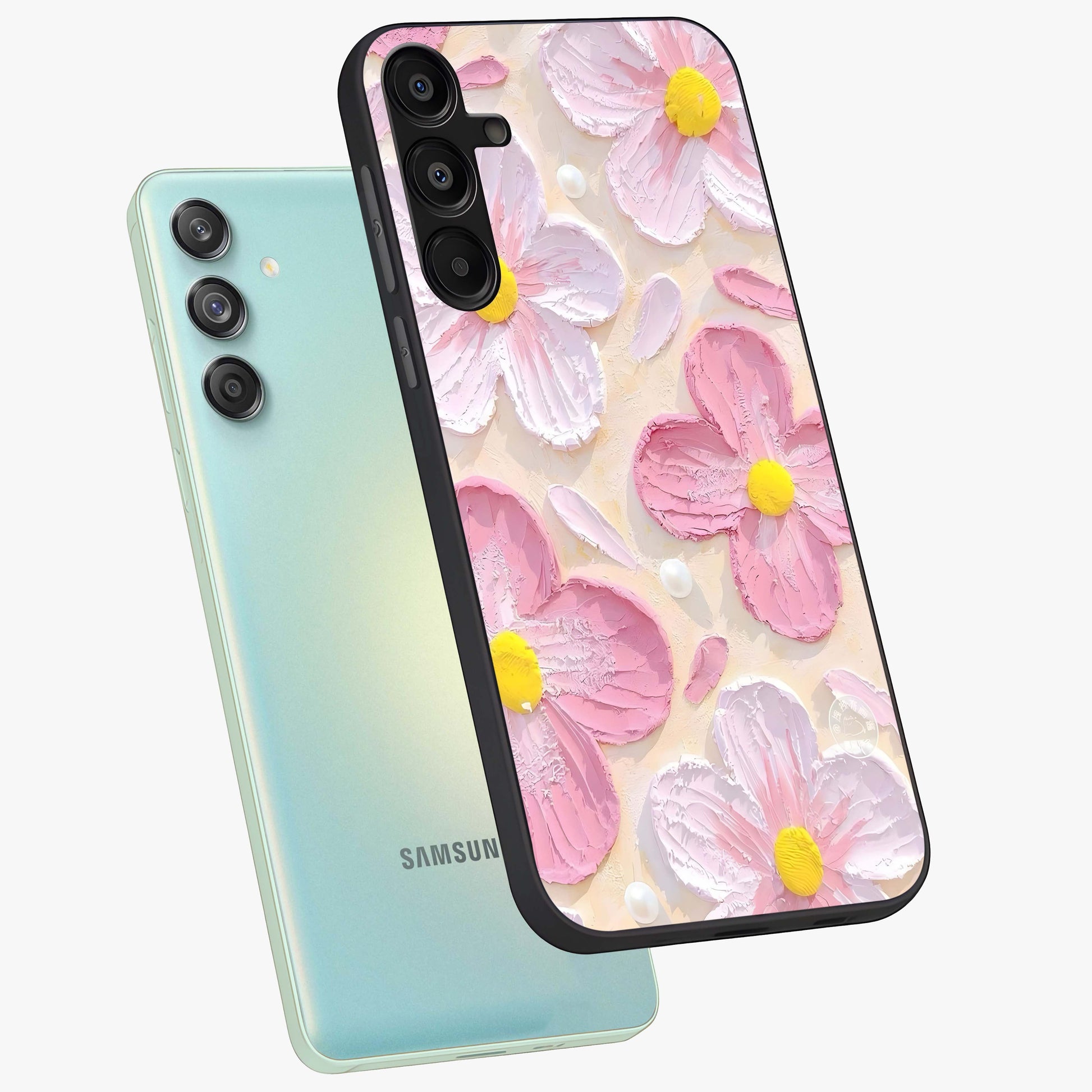Blush Bloom Texture Glass Case displayed in angled mockup highlighting subtle bloom pattern with aesthetic pastel design.
