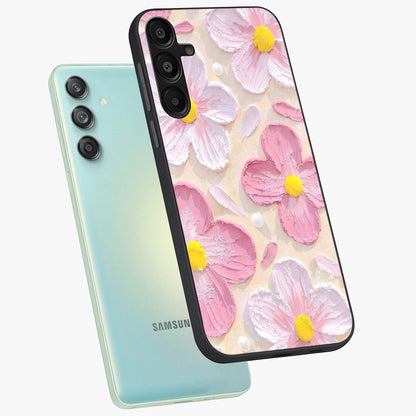 Blush Bloom Texture Glass Case displayed in angled mockup highlighting subtle bloom pattern with aesthetic pastel design.