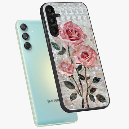 Blush Mosaic Bloom Glass Case displayed in angled mockup highlighting artistic mosaic flower pattern with aesthetic design.