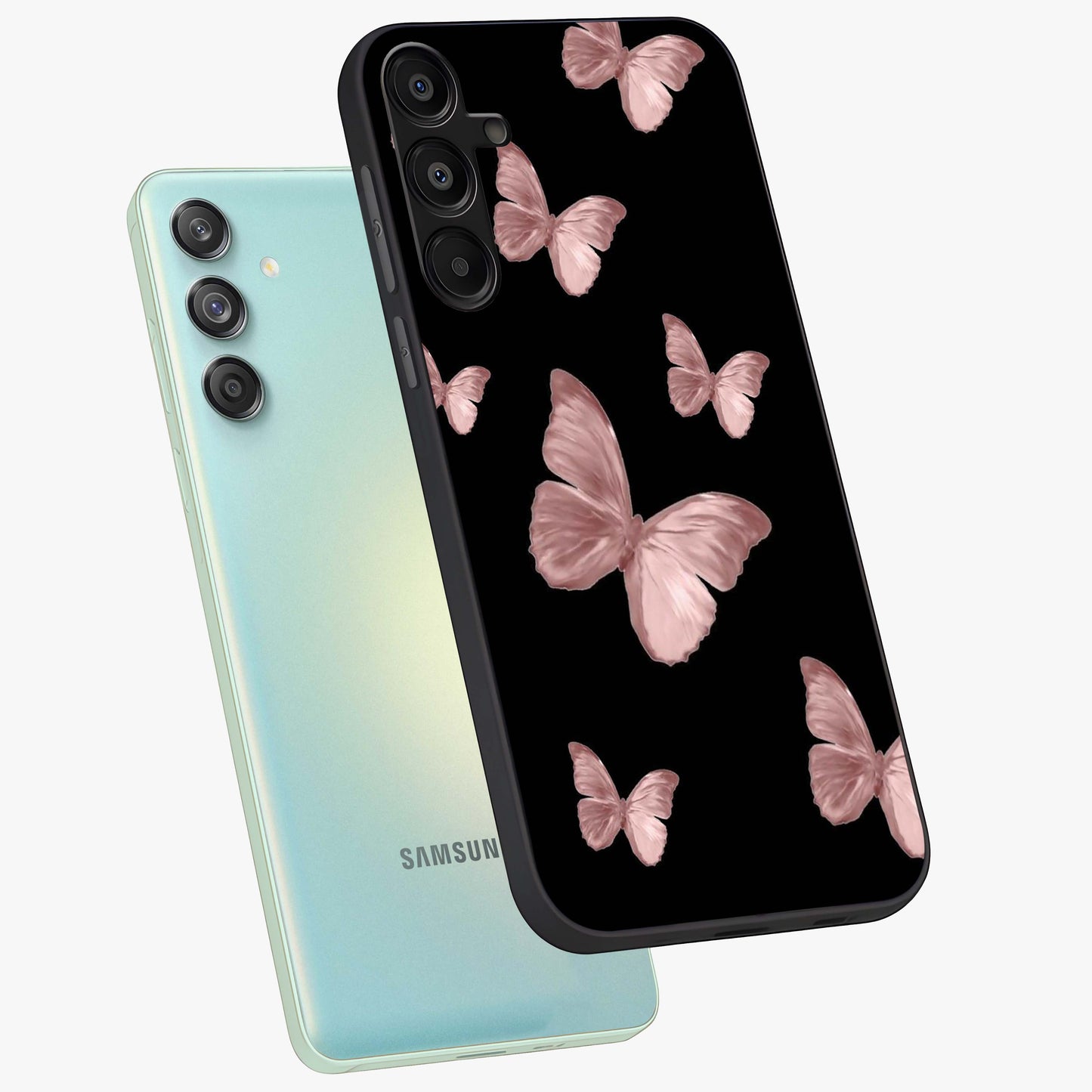 Butterfly Pattern Glass Case displayed in angled mockup highlighting delicate butterfly design and aesthetic pattern style.