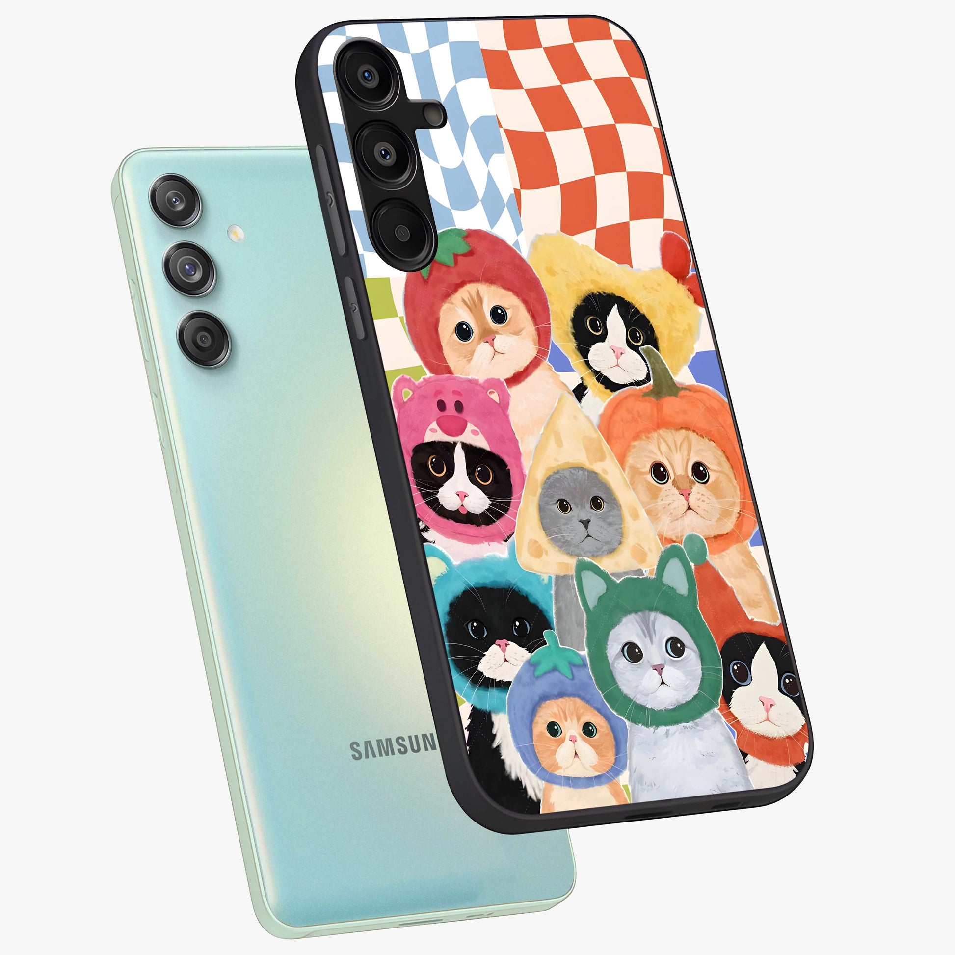 Cats in Fruits Glass Case displayed in angled mockup highlighting cute feline fruit design with colorful aesthetic style.