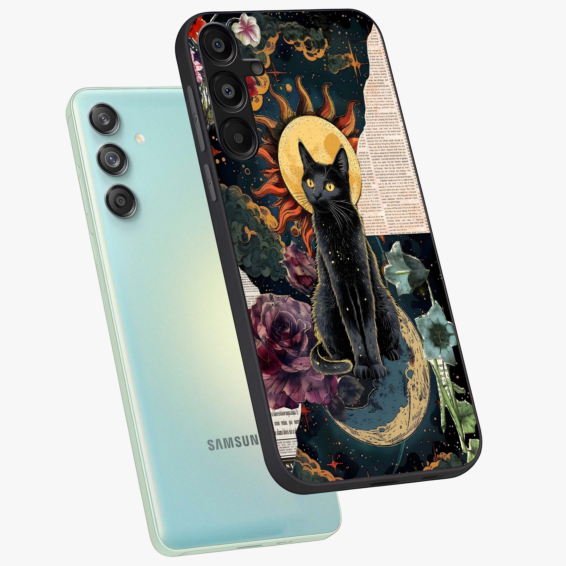 Celestial Black Cat Glass Case displayed in angled mockup highlighting cosmic black cat design with celestial aesthetic.