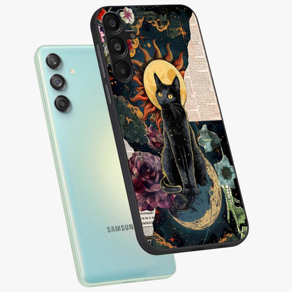 Celestial Black Cat Glass Case displayed in angled mockup highlighting cosmic black cat design with celestial aesthetic.
