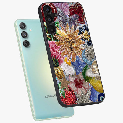 Celestial Floral and Playful Glass Case displayed in angled mockup highlighting playful floral design with dreamy celestial elements.