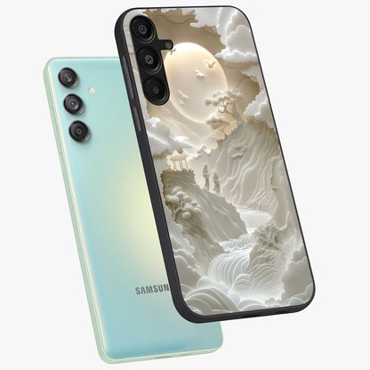Celestial Origami Glass Case displayed in angled mockup highlighting geometric origami design with cosmic aesthetic theme.