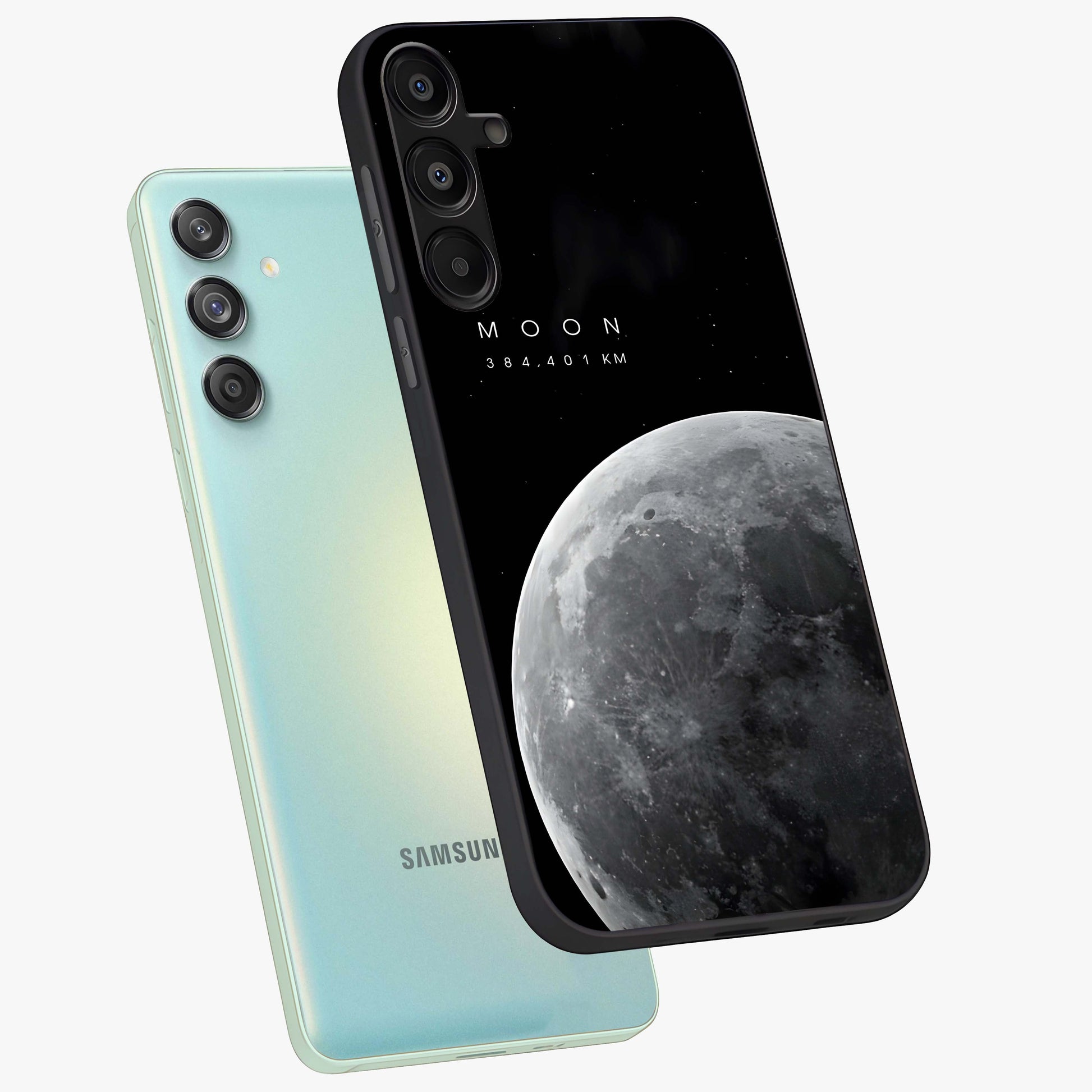 Cosmic Moon Glow Glass Case displayed in angled mockup highlighting celestial moon design with cosmic aesthetic theme.